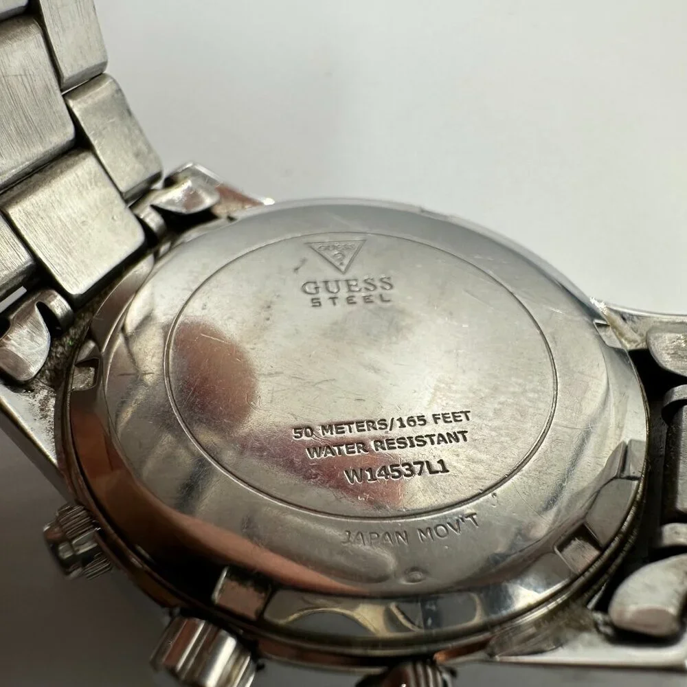 Guess Steel Watch Women Silver Tone Chronograph Crystal Bezel New Battery 7